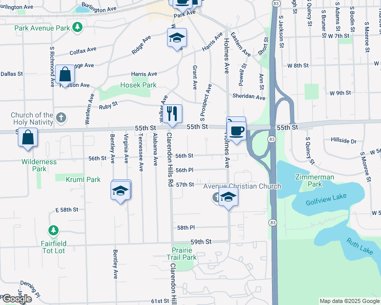 map of restaurants, bars, coffee shops, grocery stores, and more near 224 55th Street in Clarendon Hills