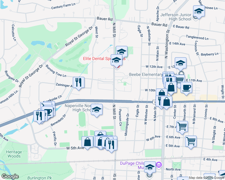 map of restaurants, bars, coffee shops, grocery stores, and more near 7P11 North Mill Street in Naperville