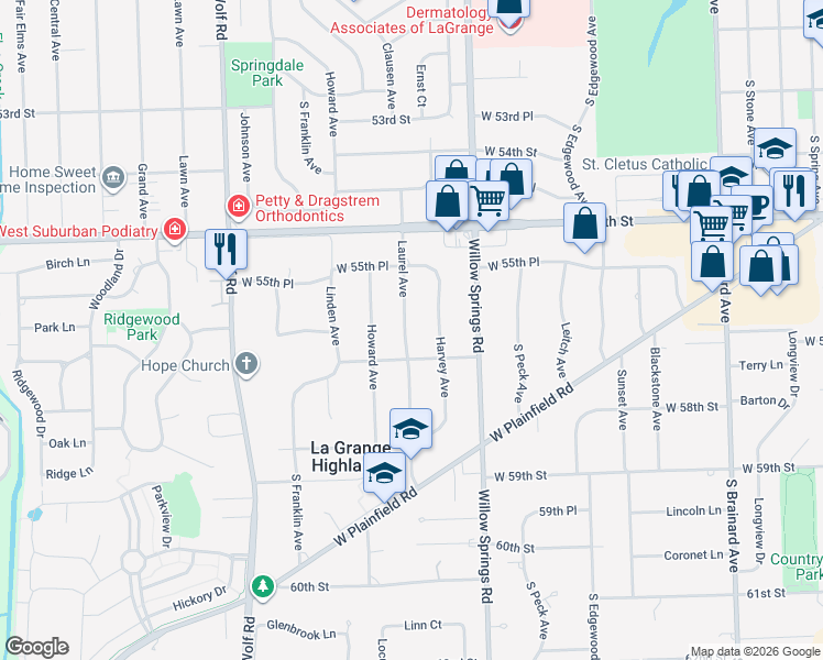 map of restaurants, bars, coffee shops, grocery stores, and more near 5633 Laurel Avenue in La Grange Highlands