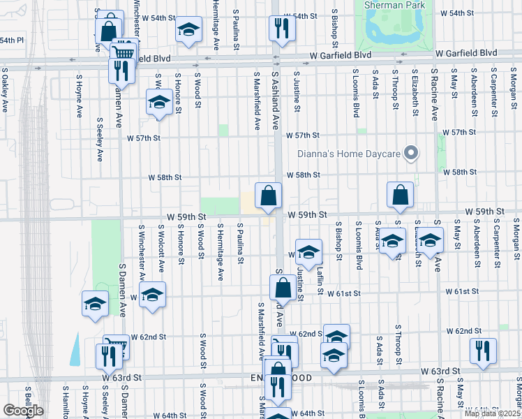 map of restaurants, bars, coffee shops, grocery stores, and more near 1642 West 59th Street in Chicago