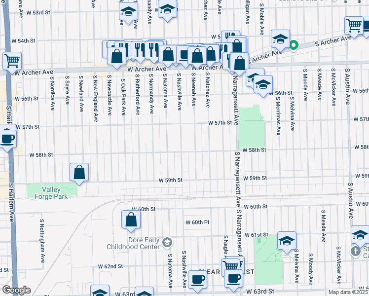 map of restaurants, bars, coffee shops, grocery stores, and more near 5755 South Nashville Avenue in Chicago
