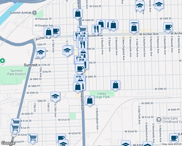 map of restaurants, bars, coffee shops, grocery stores, and more near 5747 South Neva Avenue in Chicago
