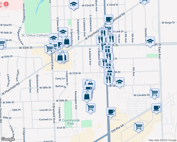 map of restaurants, bars, coffee shops, grocery stores, and more near 5656 South Ashland Avenue in Countryside