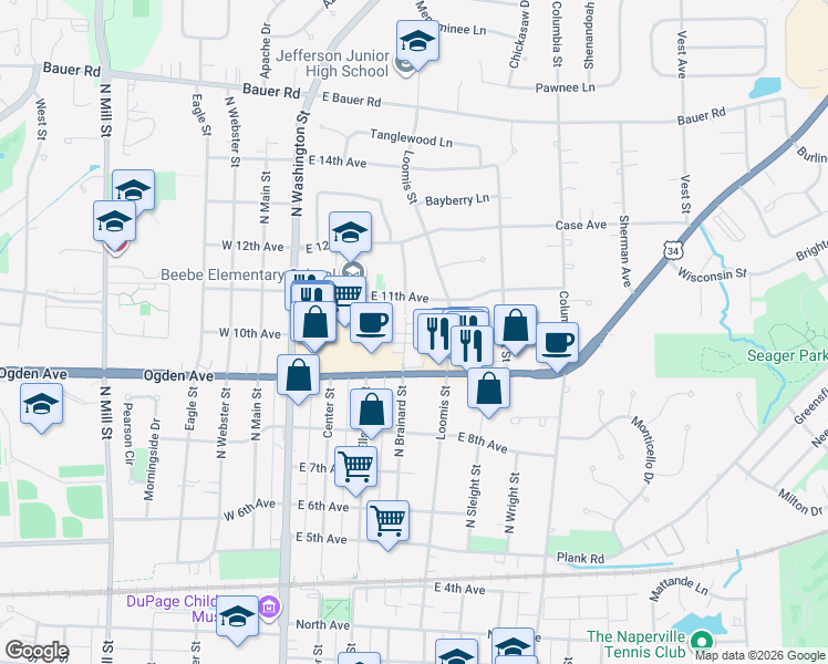 map of restaurants, bars, coffee shops, grocery stores, and more near 950 North Brainard Street in Naperville