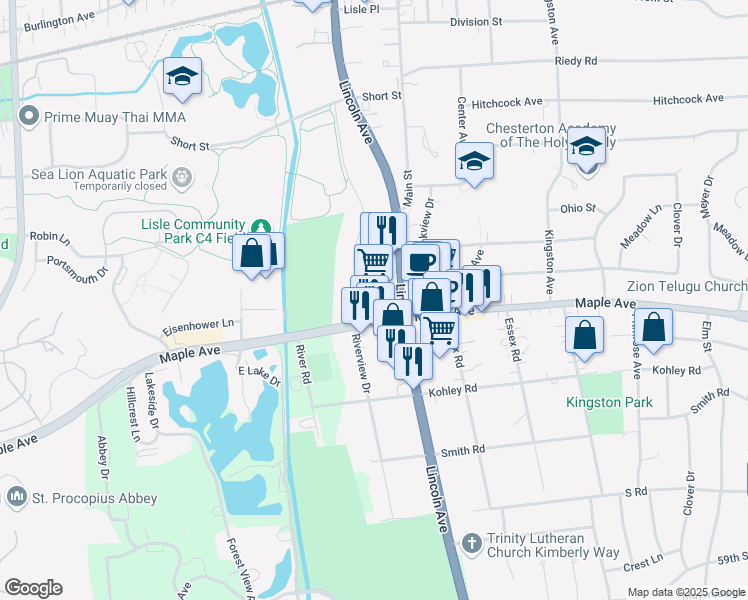 map of restaurants, bars, coffee shops, grocery stores, and more near 1156 Maple Avenue in Lisle