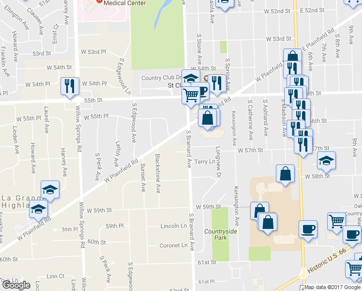 map of restaurants, bars, coffee shops, grocery stores, and more near 5656 South Brainard Avenue in Countryside