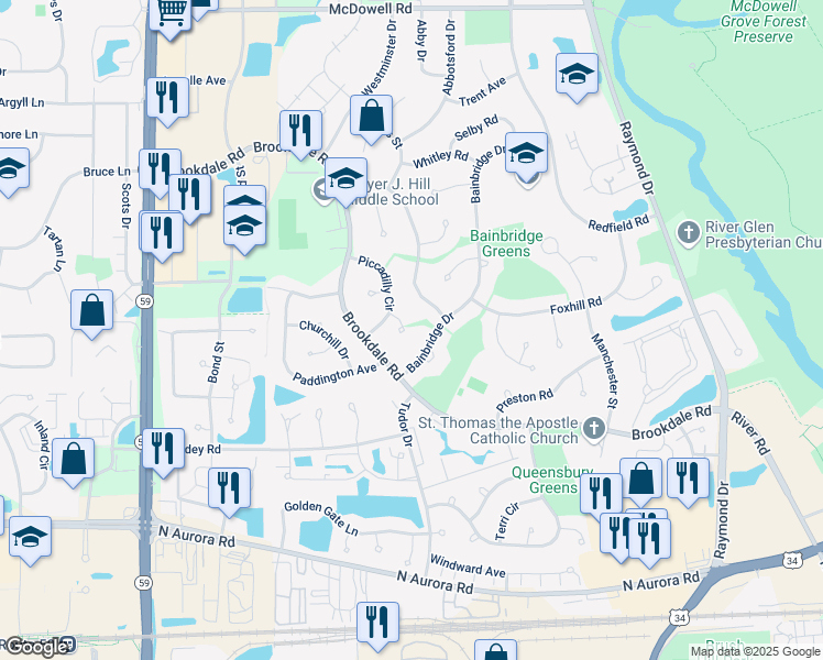 map of restaurants, bars, coffee shops, grocery stores, and more near 1108 Queens Court in Naperville