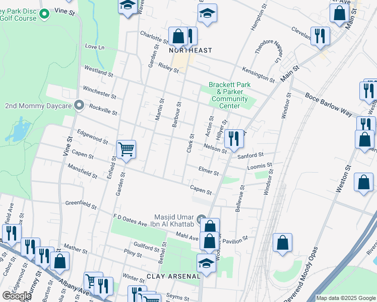 map of restaurants, bars, coffee shops, grocery stores, and more near 75 Clark Street in Hartford