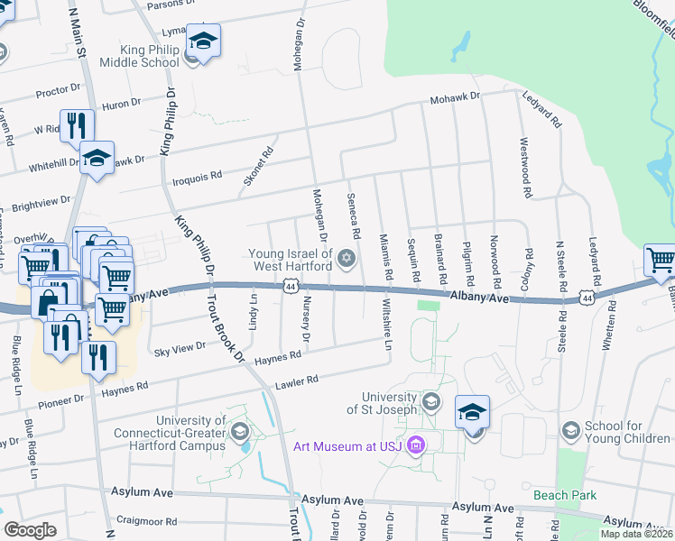 map of restaurants, bars, coffee shops, grocery stores, and more near 8 Mohegan Drive in West Hartford