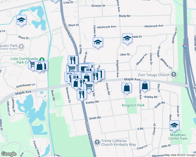 map of restaurants, bars, coffee shops, grocery stores, and more near 930 Maple Avenue in Lisle