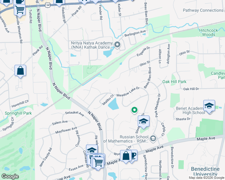map of restaurants, bars, coffee shops, grocery stores, and more near 5S681 Heather Court in Naperville