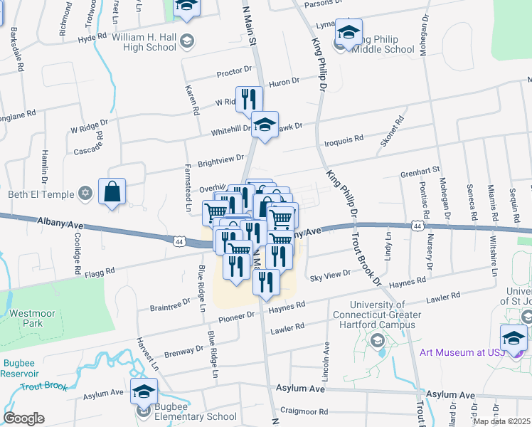 map of restaurants, bars, coffee shops, grocery stores, and more near 333 North Main Street in West Hartford