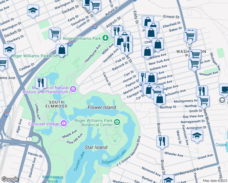 map of restaurants, bars, coffee shops, grocery stores, and more near 86 Cactus Street in Providence