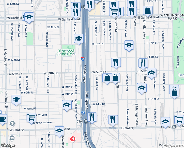 map of restaurants, bars, coffee shops, grocery stores, and more near 5903 South Wentworth Avenue in Chicago
