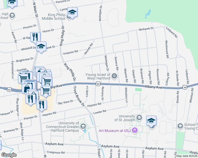 map of restaurants, bars, coffee shops, grocery stores, and more near 7 Pontiac Road in West Hartford