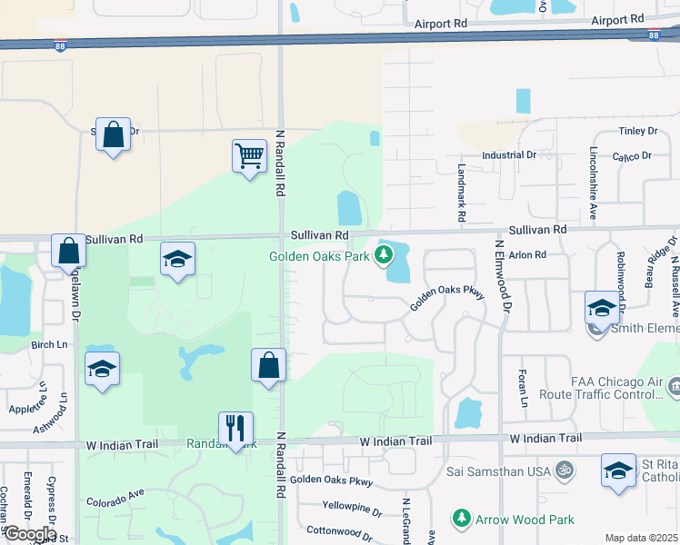 map of restaurants, bars, coffee shops, grocery stores, and more near 1572 Golden Oaks Parkway in Aurora