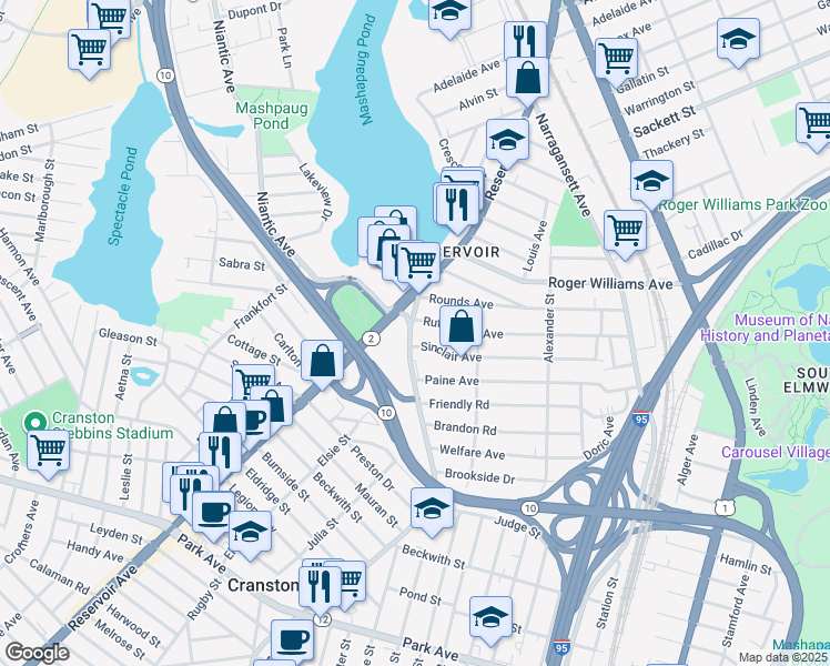 map of restaurants, bars, coffee shops, grocery stores, and more near 64 Pontiac Avenue in Providence