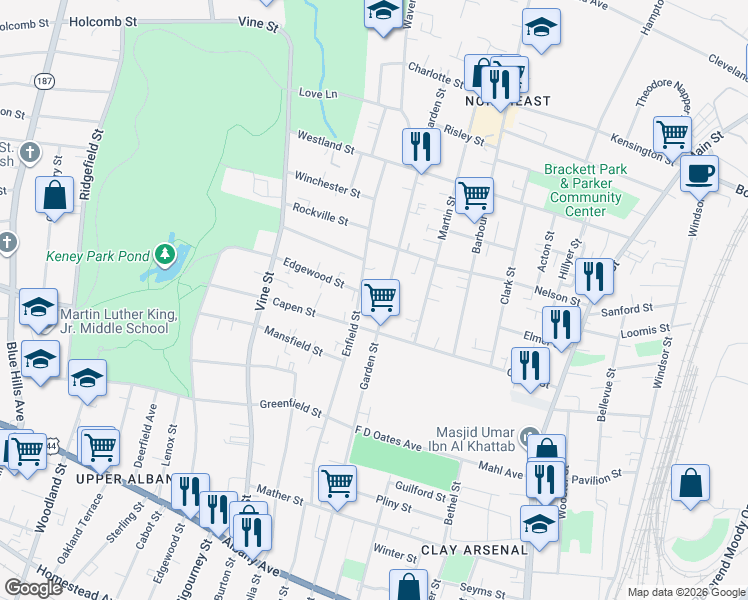 map of restaurants, bars, coffee shops, grocery stores, and more near in Hartford
