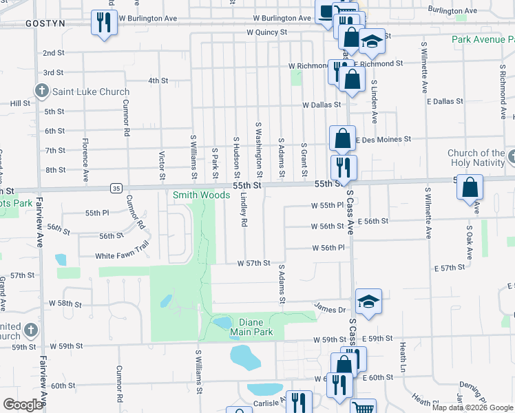 map of restaurants, bars, coffee shops, grocery stores, and more near 424 South Washington Street in Westmont