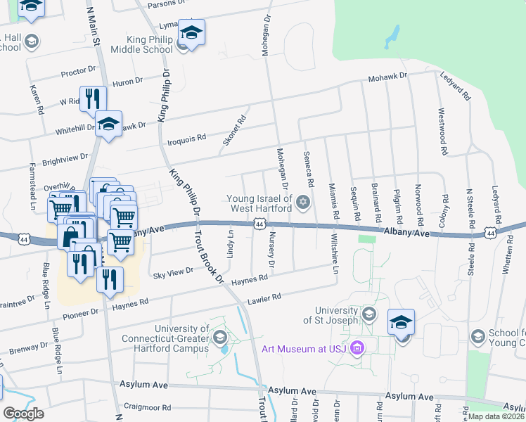 map of restaurants, bars, coffee shops, grocery stores, and more near 8 Pontiac Road in West Hartford