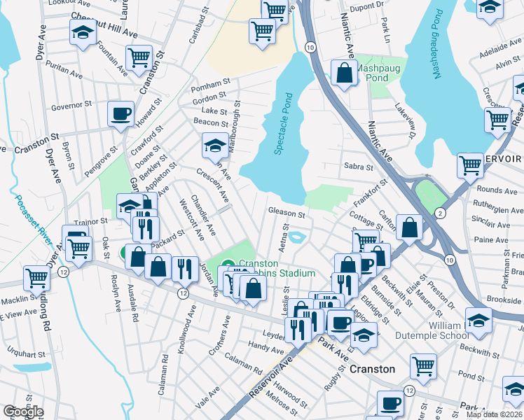 map of restaurants, bars, coffee shops, grocery stores, and more near 80 Gleason Street in Cranston