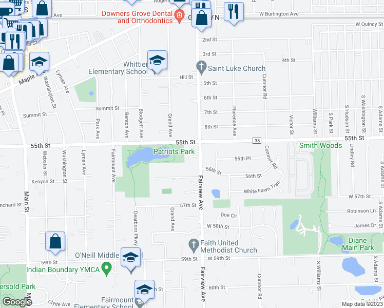 map of restaurants, bars, coffee shops, grocery stores, and more near 5516 Fairview Avenue in Downers Grove