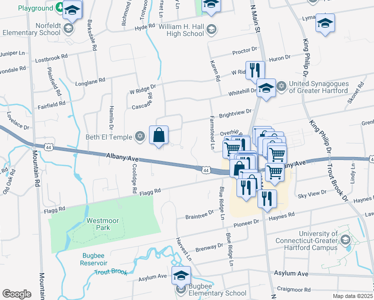 map of restaurants, bars, coffee shops, grocery stores, and more near 18 Magnolia Hill in West Hartford