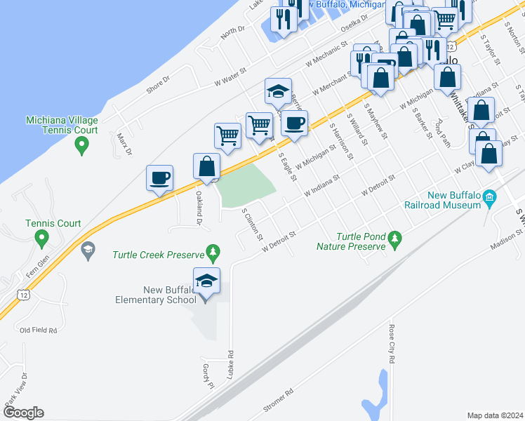 map of restaurants, bars, coffee shops, grocery stores, and more near 126 South Marshall Street in New Buffalo