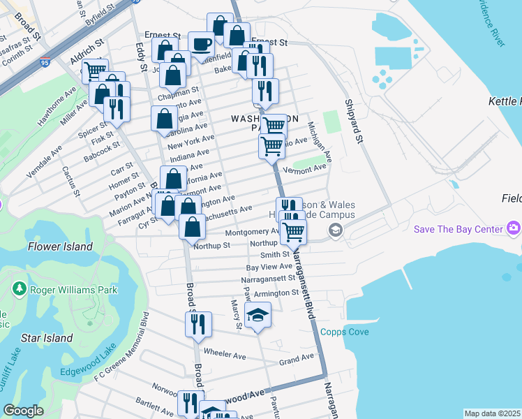 map of restaurants, bars, coffee shops, grocery stores, and more near 199 Alabama Avenue in Providence
