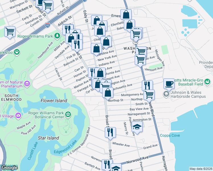 map of restaurants, bars, coffee shops, grocery stores, and more near 294 Washington Avenue in Providence