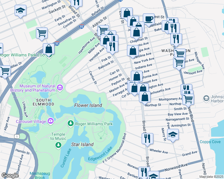 map of restaurants, bars, coffee shops, grocery stores, and more near 75 Marion Avenue North in Cranston