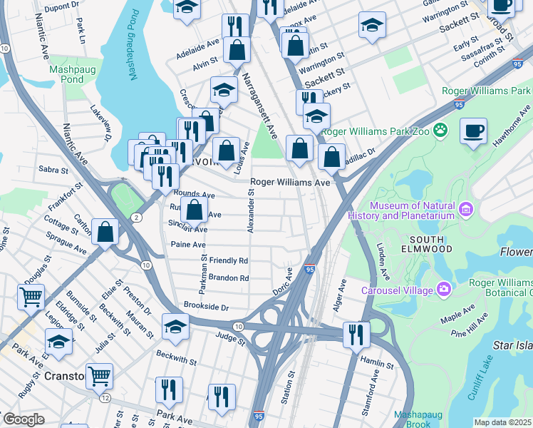map of restaurants, bars, coffee shops, grocery stores, and more near 59 Rutherglen Avenue in Providence