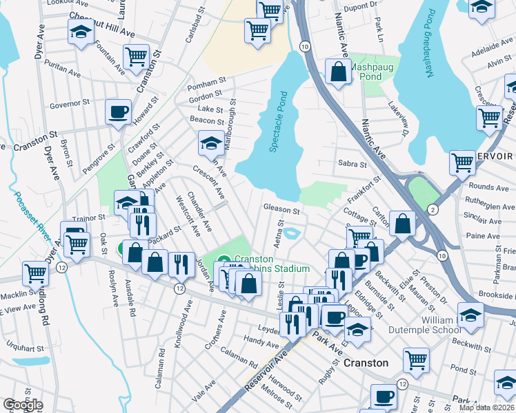 map of restaurants, bars, coffee shops, grocery stores, and more near 80 Gleason Street in Cranston
