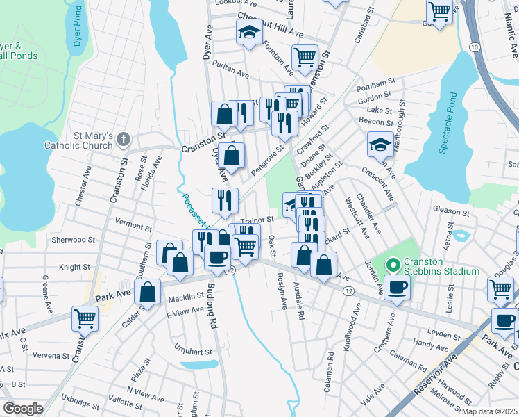 map of restaurants, bars, coffee shops, grocery stores, and more near 28 Oak Street in Cranston