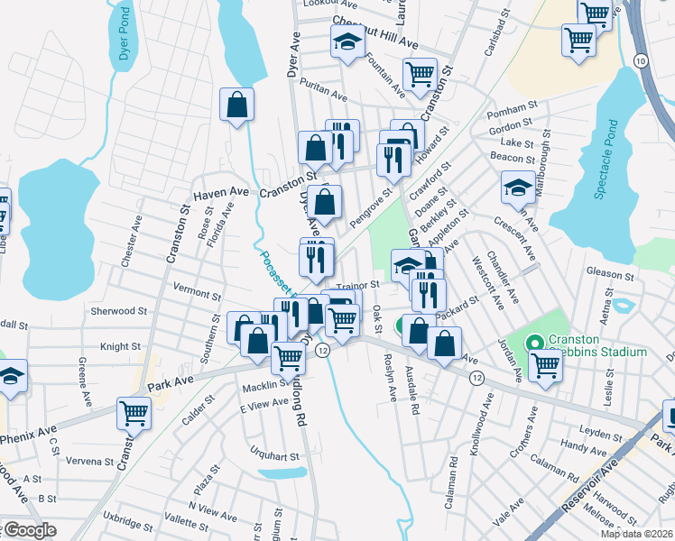 map of restaurants, bars, coffee shops, grocery stores, and more near 9 Cedar Street in Cranston