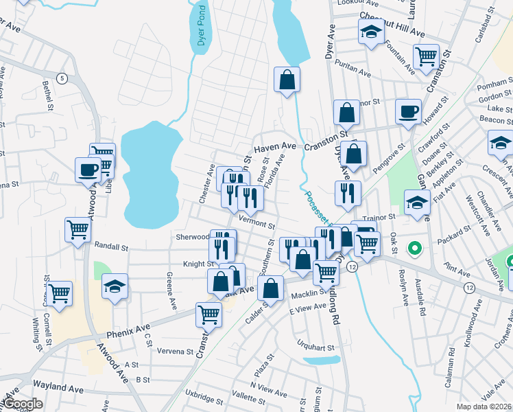 map of restaurants, bars, coffee shops, grocery stores, and more near 51 New Hampshire Street in Cranston