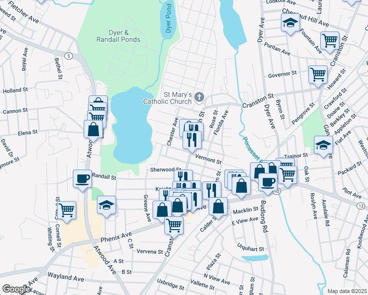 map of restaurants, bars, coffee shops, grocery stores, and more near 19 Cavalry Street in Cranston