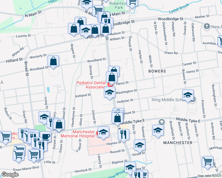map of restaurants, bars, coffee shops, grocery stores, and more near 185 Main Street in Manchester