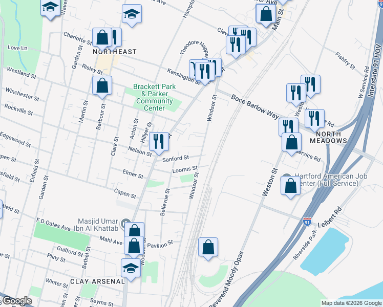 map of restaurants, bars, coffee shops, grocery stores, and more near 66 Sanford Street in Hartford