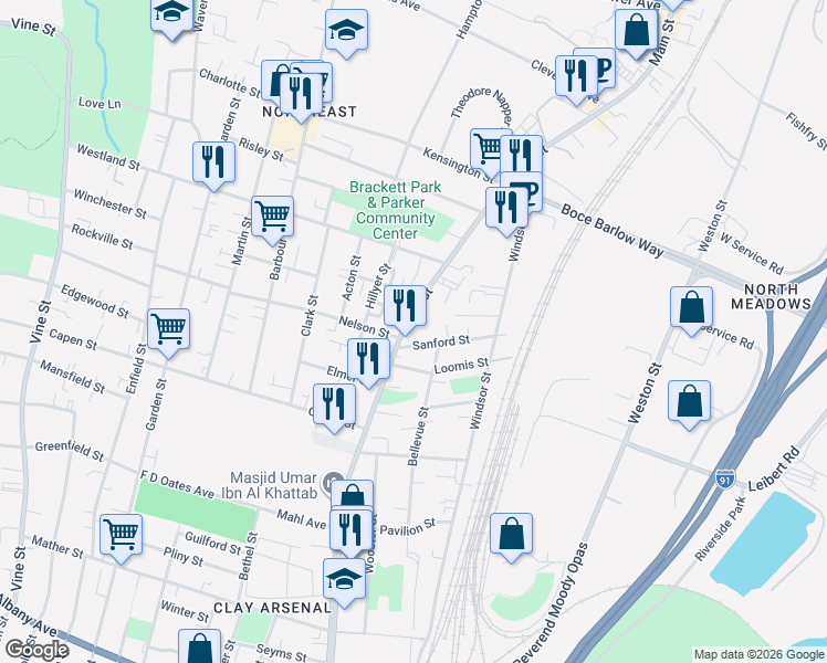 map of restaurants, bars, coffee shops, grocery stores, and more near 2404 Main Street in Hartford
