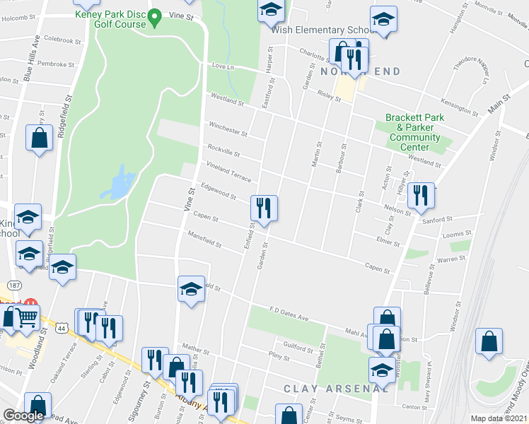 map of restaurants, bars, coffee shops, grocery stores, and more near in Hartford