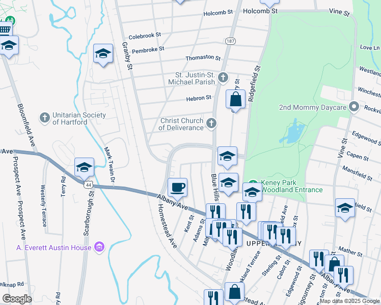 map of restaurants, bars, coffee shops, grocery stores, and more near 114 Westbourne Parkway in Hartford