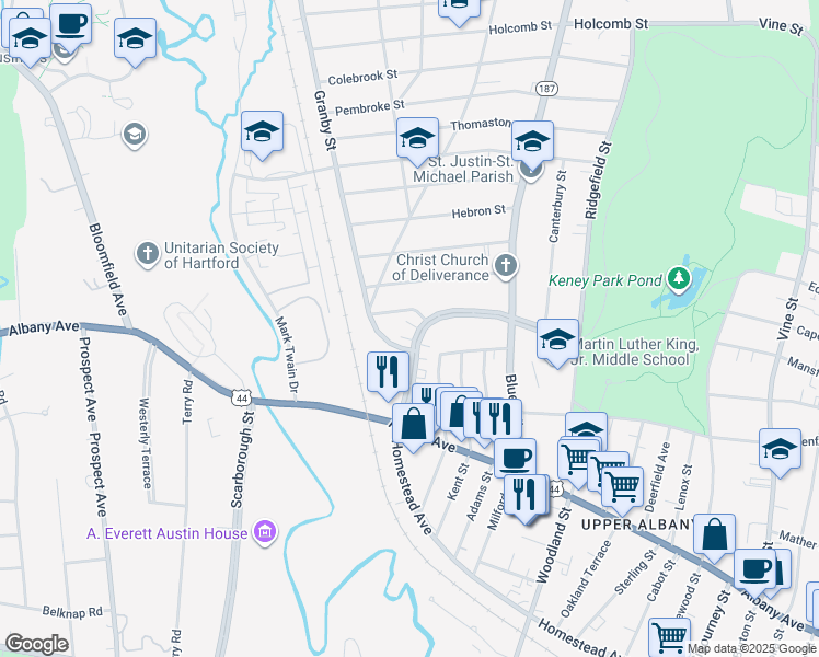 map of restaurants, bars, coffee shops, grocery stores, and more near 82 Westbourne Parkway in Hartford