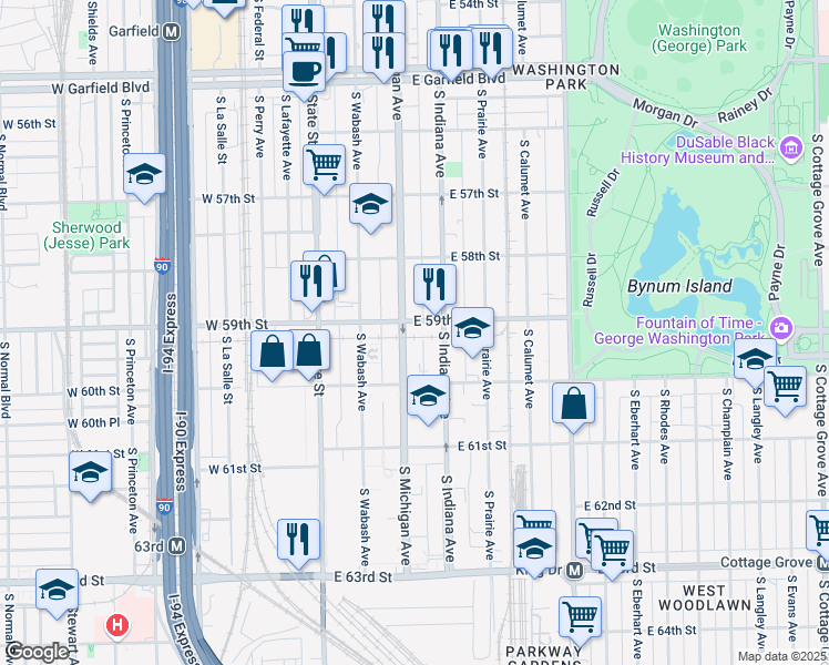 map of restaurants, bars, coffee shops, grocery stores, and more near 5910 South Michigan Avenue in Chicago