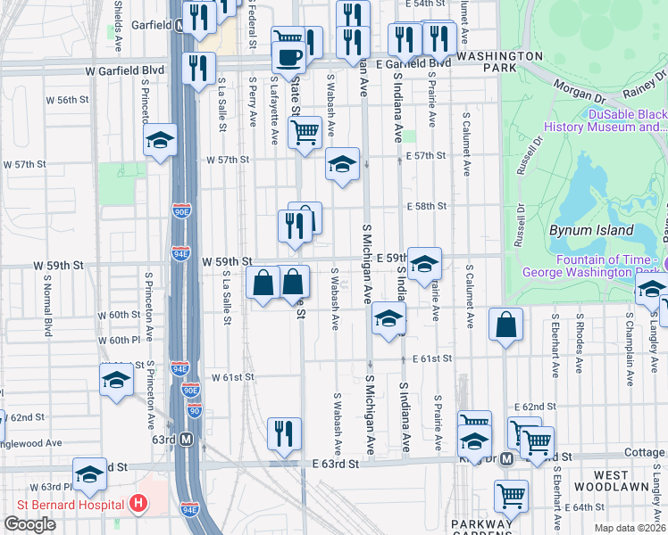 map of restaurants, bars, coffee shops, grocery stores, and more near 35 East 59th Street in Chicago