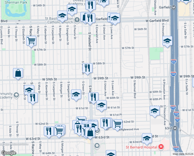 map of restaurants, bars, coffee shops, grocery stores, and more near 725 West 59th Street in Chicago