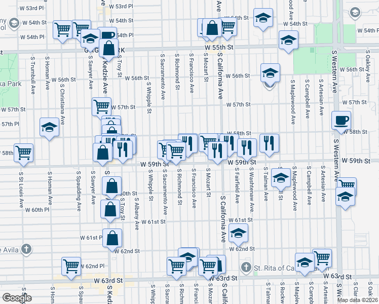 map of restaurants, bars, coffee shops, grocery stores, and more near 5841 South Francisco Avenue in Chicago