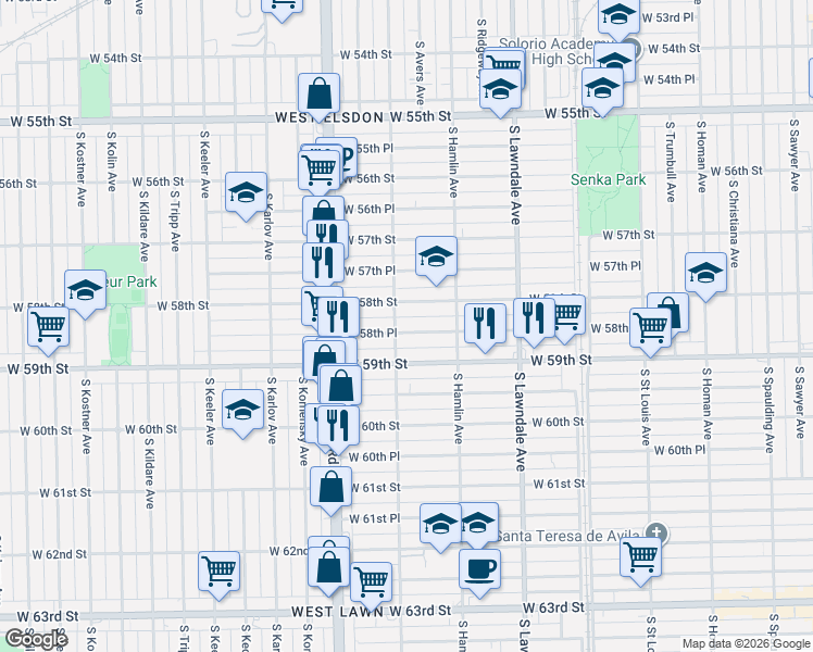 map of restaurants, bars, coffee shops, grocery stores, and more near 3846 West 58th Place in Chicago