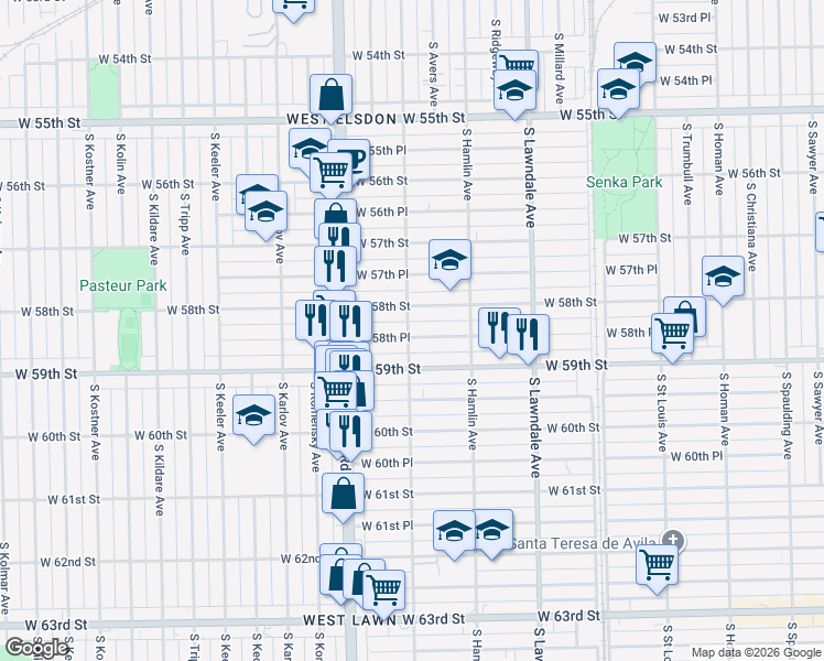 map of restaurants, bars, coffee shops, grocery stores, and more near 3846 West 58th Place in Chicago