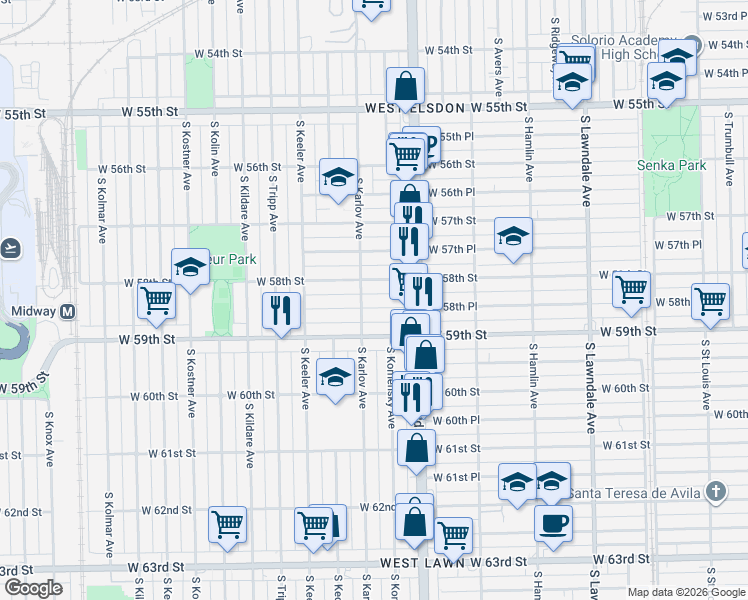 map of restaurants, bars, coffee shops, grocery stores, and more near 4042 West 58th Place in Chicago